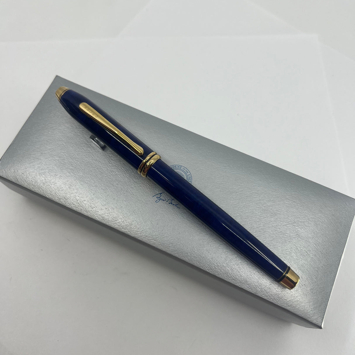 Cross Townsend Marbled Midnight Blue Selectip Rollerball with President George Bush Facsimile Signature & Presidential Seal Engraved on both the Pen & Box!