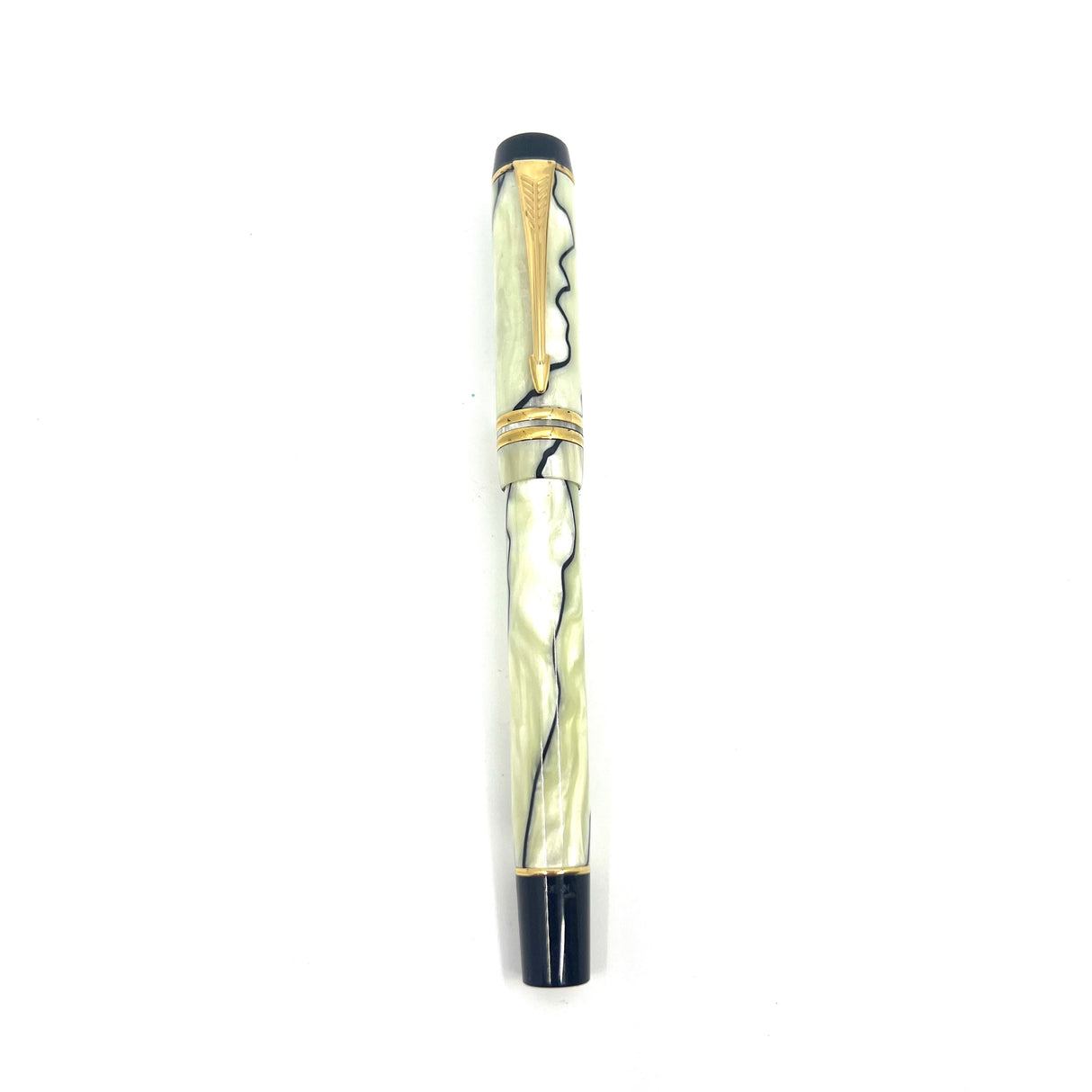 Parker Duofold International (Standard Size) Pearl & Black Fountain Pen - Broad Stub 18kt Gold Nib