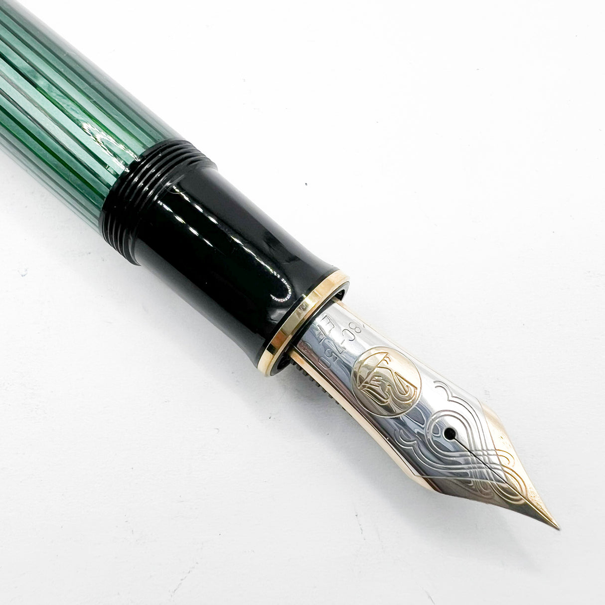Pelikan Early Souveran M1000 Green Striped Barrel/Black Cap Fountain Pen - Extra Fine 18C Gold Nib