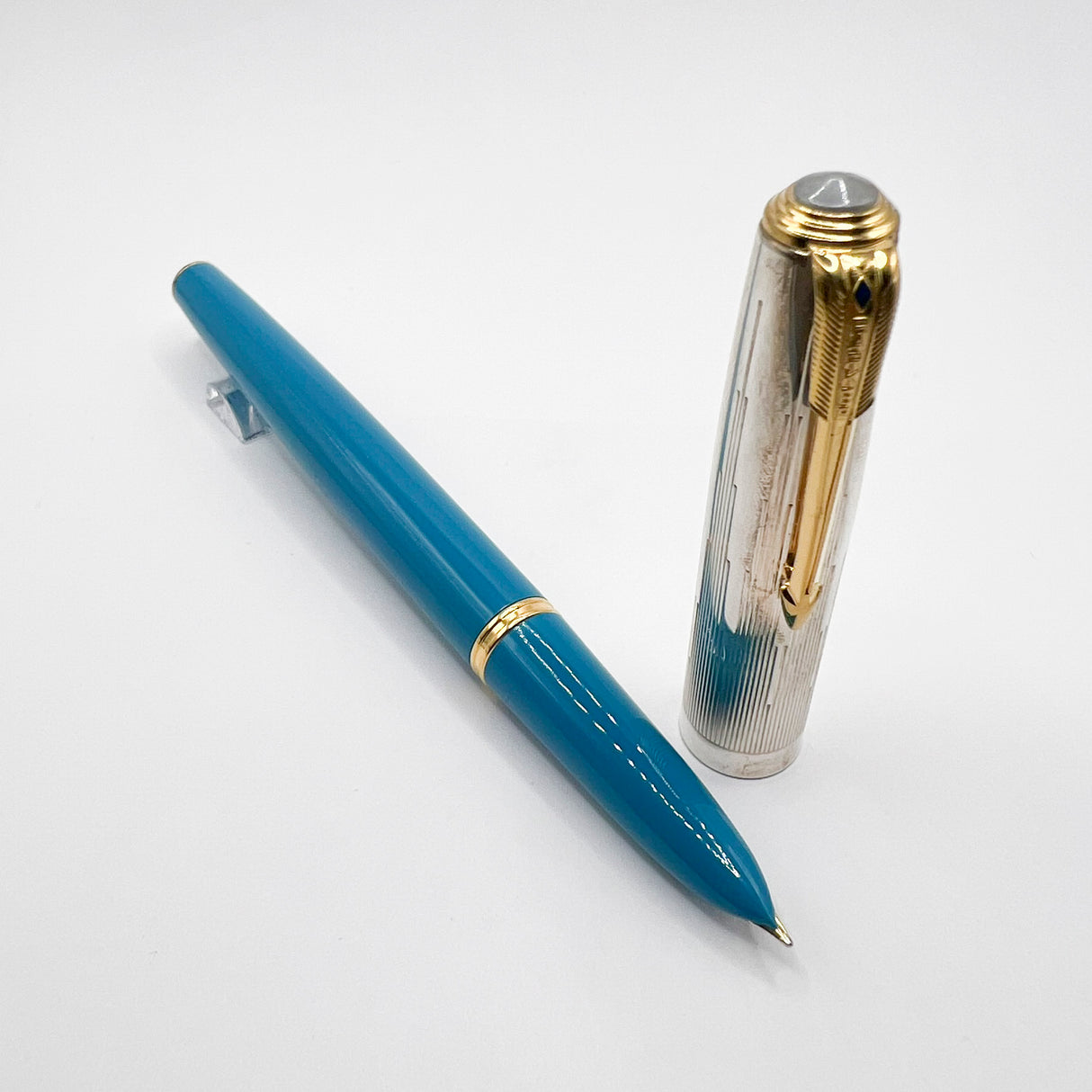 Parker 51 Special Edition Sterling Silver & Vista Blue Fountain Pen - Fine 18kt Gold Nib