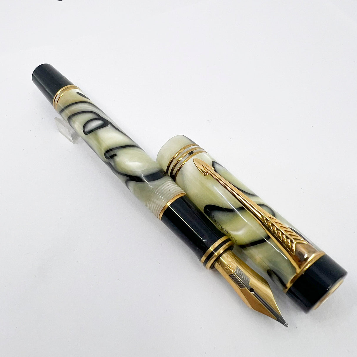 Parker Norman Rockwell Duofold Centennial Limited Edition Unique Swirly Black & Pearl Fountain Pen - Medium 18kt Gold Nib - Trim Rings and the Cap Top Medallion are Solid 18k Gold!