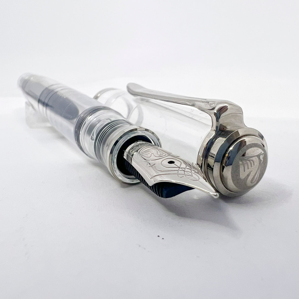 Pelikan M805 Clear Demonstrator Fountain Pen - Names of Pen Components Engraved by Pelikan on Barrel - Extra Fine 18kt Gold Nib