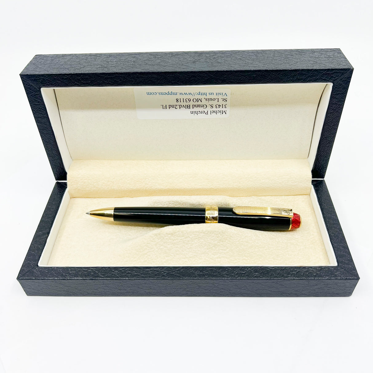 Michel Perchin Limited Edition Black & Vermeil Executive Ballpoint Pen with Red Guilloche Enamelwork on Crown