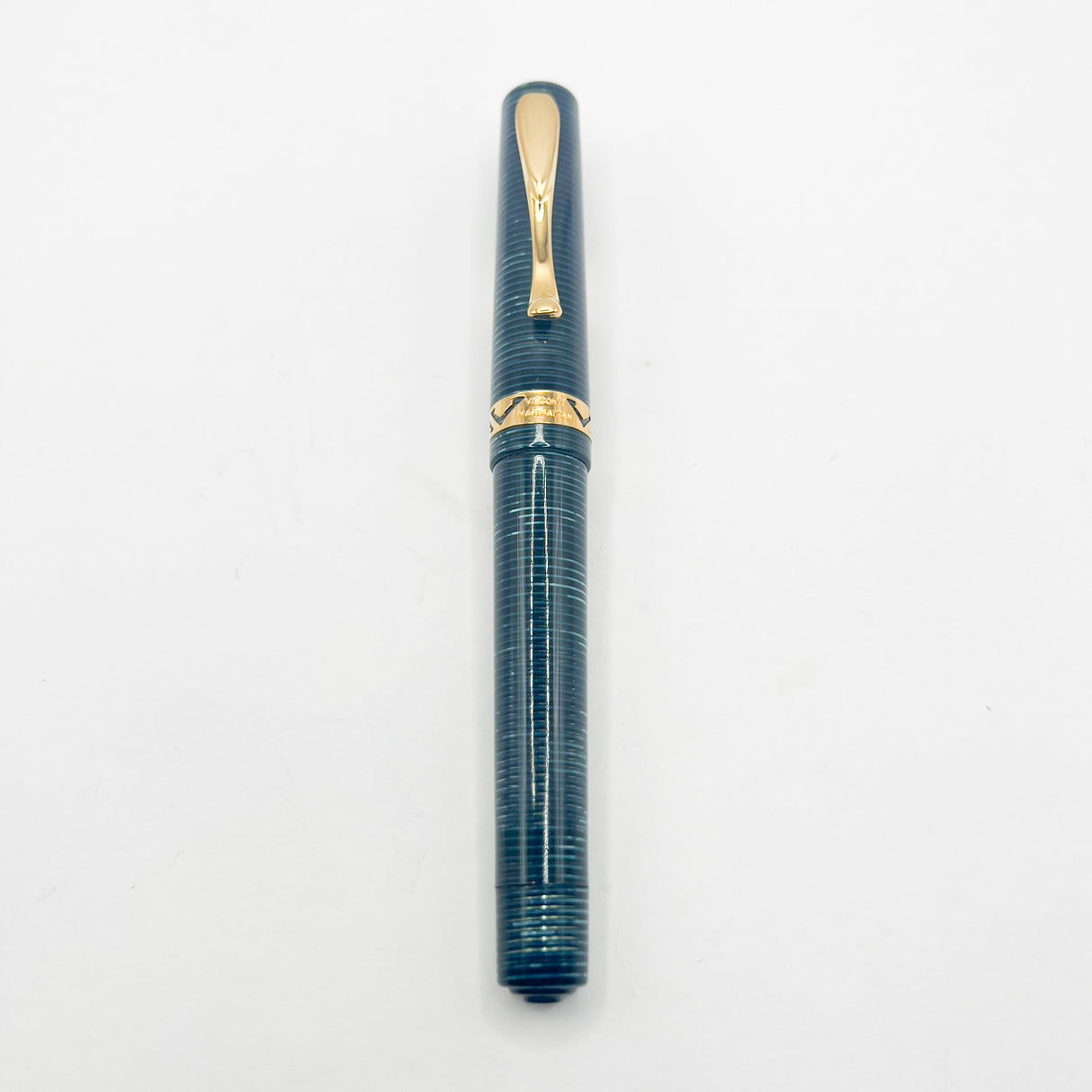 Visconti Manhattan Blue Celluloid With Scarce Cut-out Cap Band - Fine 18kt Gold Nib