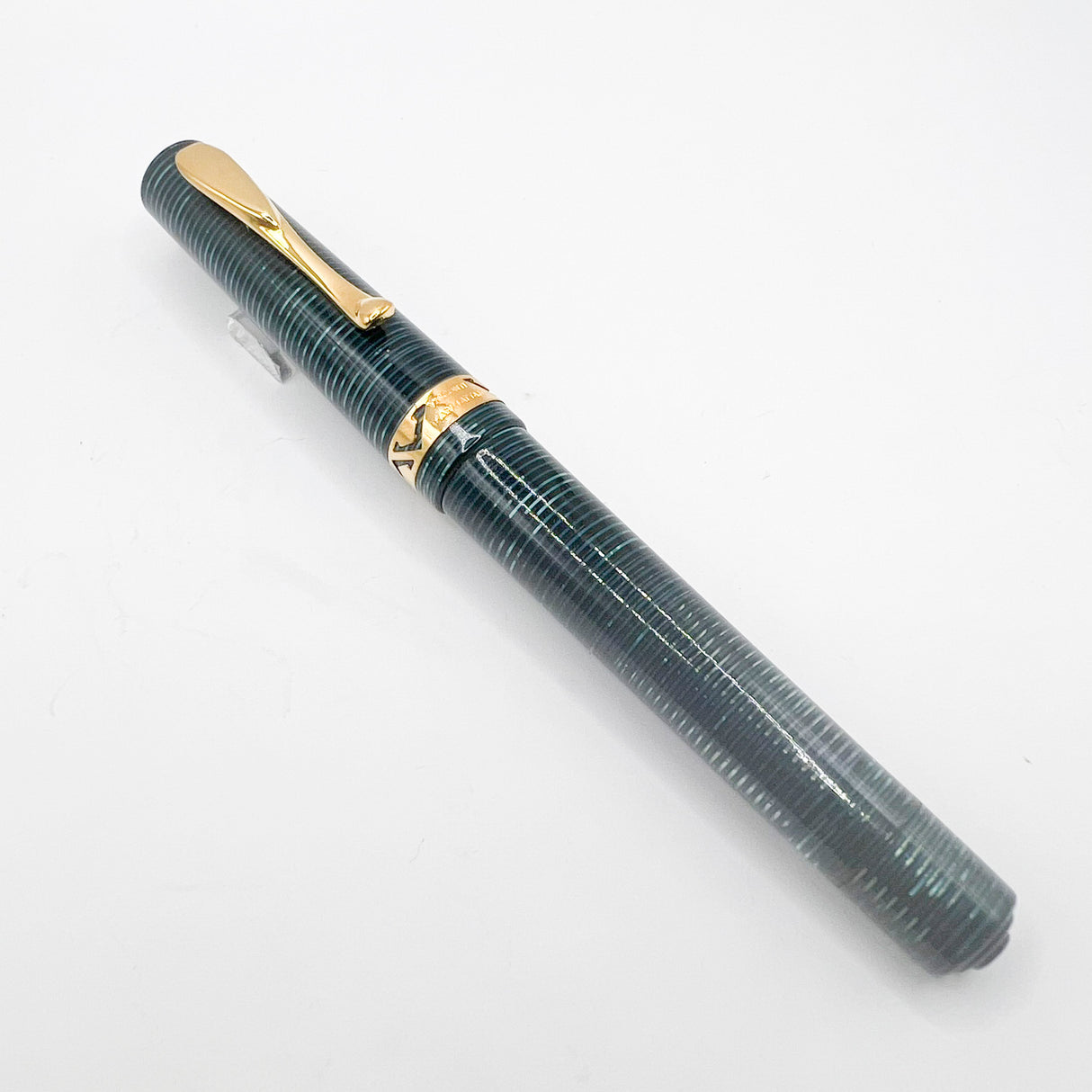 Visconti Manhattan Blue Celluloid With Scarce Cut-out Cap Band - Fine 18kt Gold Nib