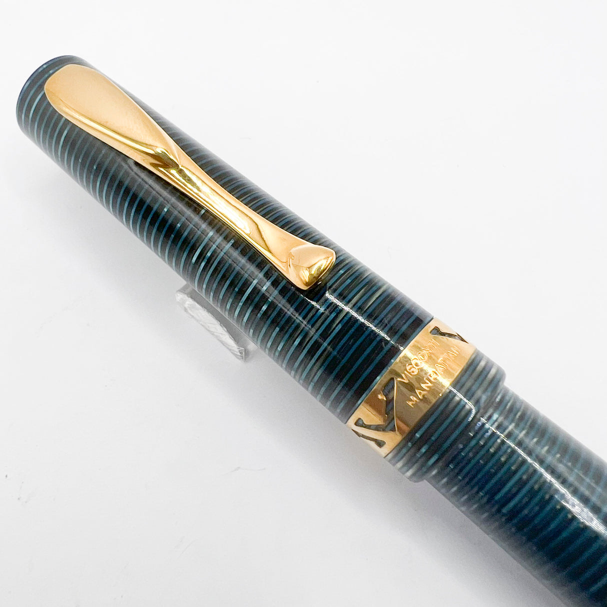 Visconti Manhattan Blue Celluloid With Scarce Cut-out Cap Band - Fine 18kt Gold Nib