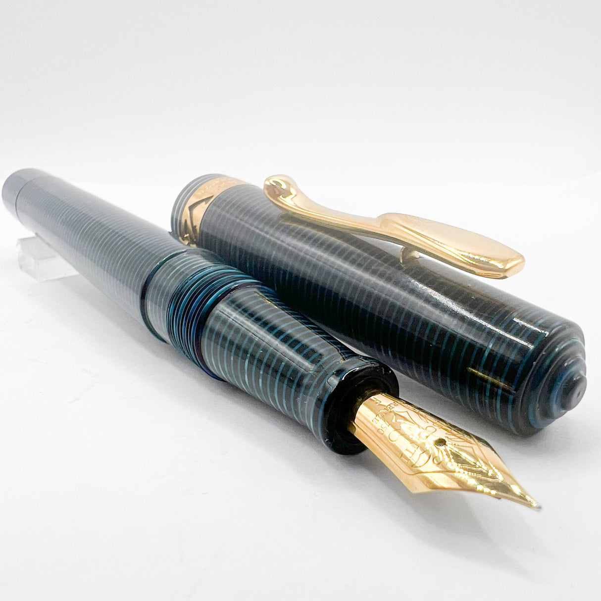 Visconti Manhattan Blue Celluloid With Scarce Cut-out Cap Band - Fine 18kt Gold Nib