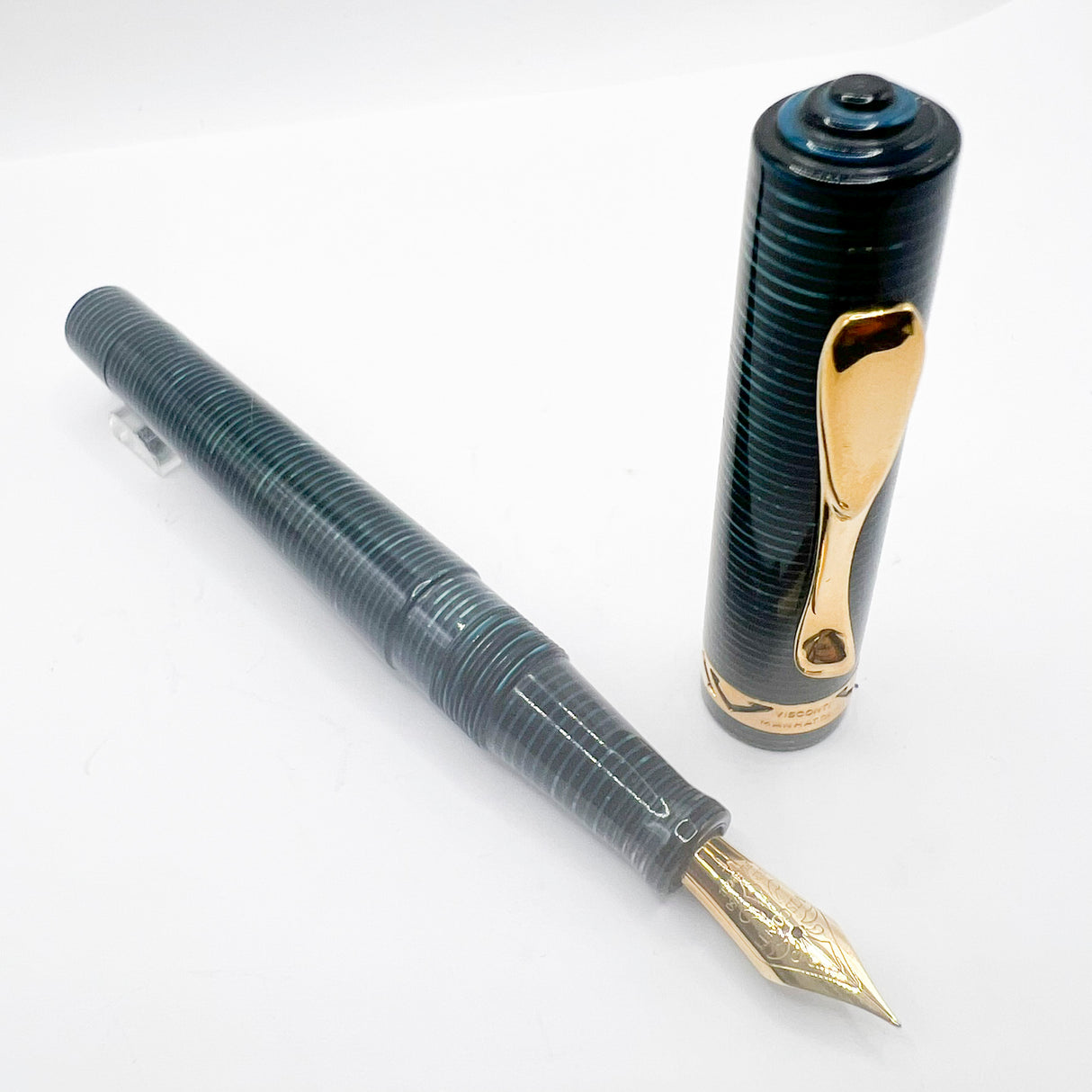 Visconti Manhattan Blue Celluloid With Scarce Cut-out Cap Band - Fine 18kt Gold Nib