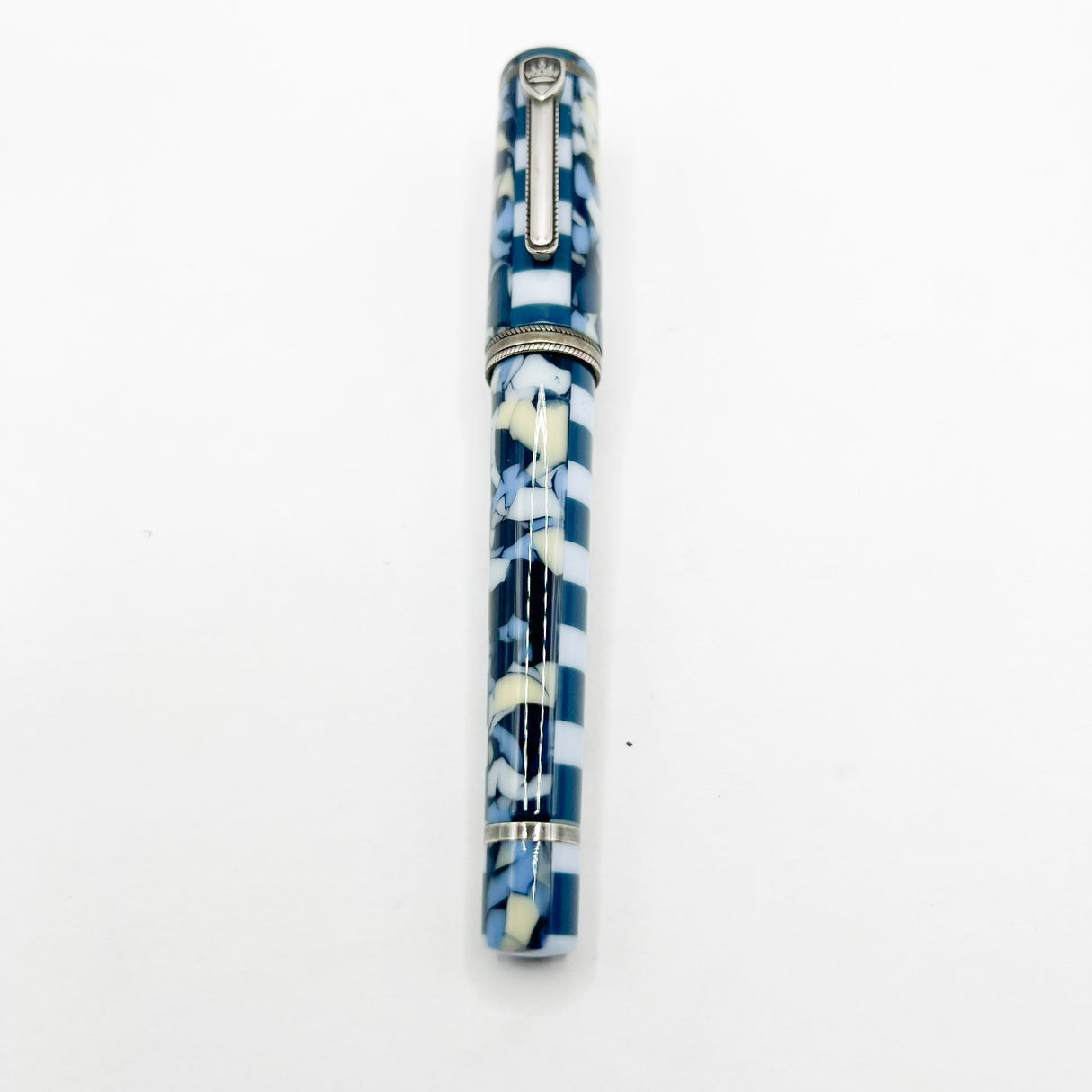 Krone Dissonance in Alternating Marbled Blue & Block Motif Fountain Pen - Medium 18 Kt Gold Nib - Exceedingly Funky!