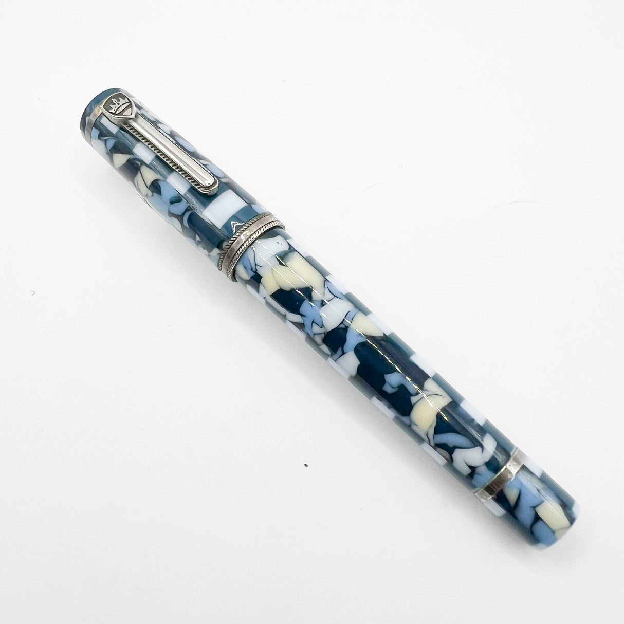 Krone Dissonance in Alternating Marbled Blue & Block Motif Fountain Pen - Medium 18 Kt Gold Nib - Exceedingly Funky!