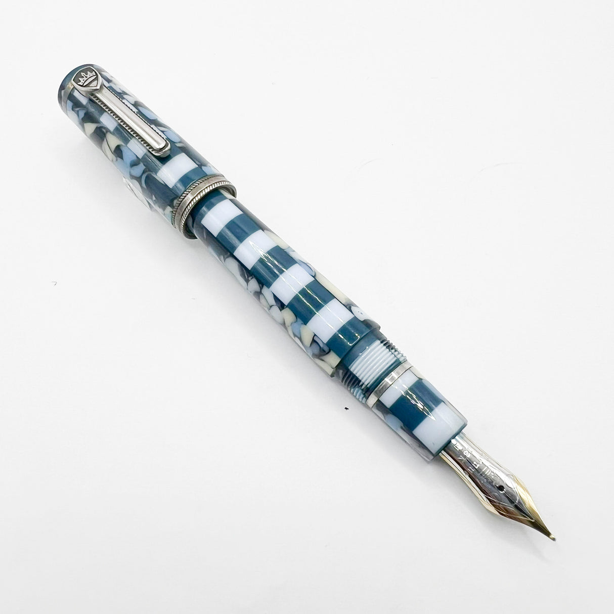 Krone Dissonance in Alternating Marbled Blue & Block Motif Fountain Pen - Medium 18 Kt Gold Nib - Exceedingly Funky!