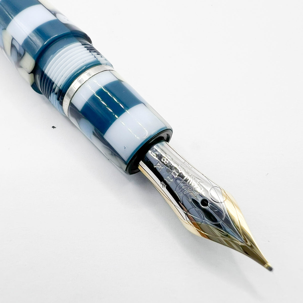 Krone Dissonance in Alternating Marbled Blue & Block Motif Fountain Pen - Medium 18 Kt Gold Nib - Exceedingly Funky!