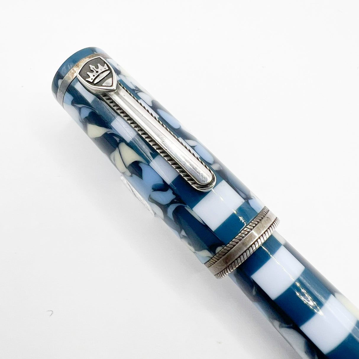 Krone Dissonance in Alternating Marbled Blue & Block Motif Fountain Pen - Medium 18 Kt Gold Nib - Exceedingly Funky!
