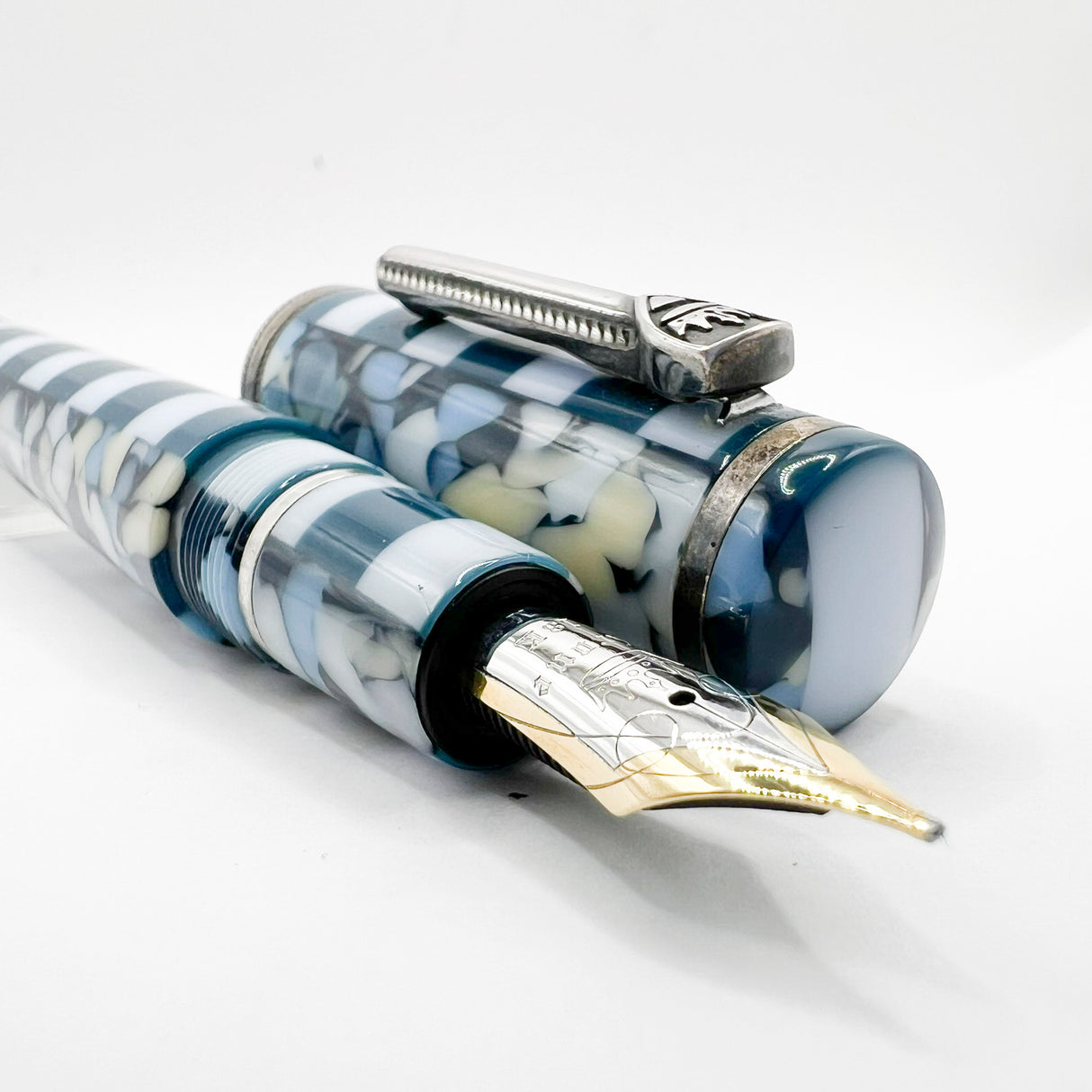 Krone Dissonance in Alternating Marbled Blue & Block Motif Fountain Pen - Medium 18 Kt Gold Nib - Exceedingly Funky!