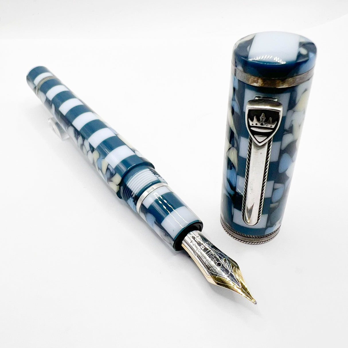 Krone Dissonance in Alternating Marbled Blue & Block Motif Fountain Pen - Medium 18 Kt Gold Nib - Exceedingly Funky!