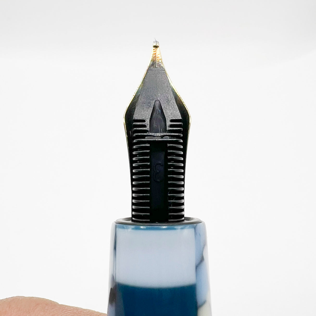 Krone Dissonance in Alternating Marbled Blue & Block Motif Fountain Pen - Medium 18 Kt Gold Nib - Exceedingly Funky!