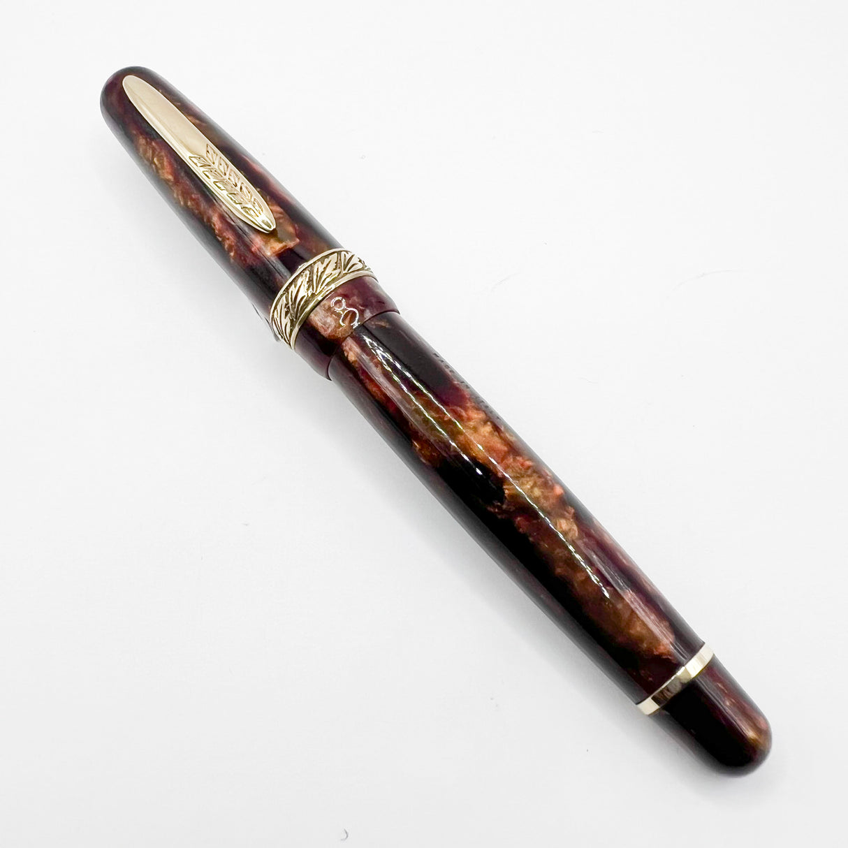 Stipula Early Etruria Variegated Burgundy & Amber Celluloid Fountain Pen- 9kt Gold Cap Band & Trim - Fine 18Kt Gold Nib