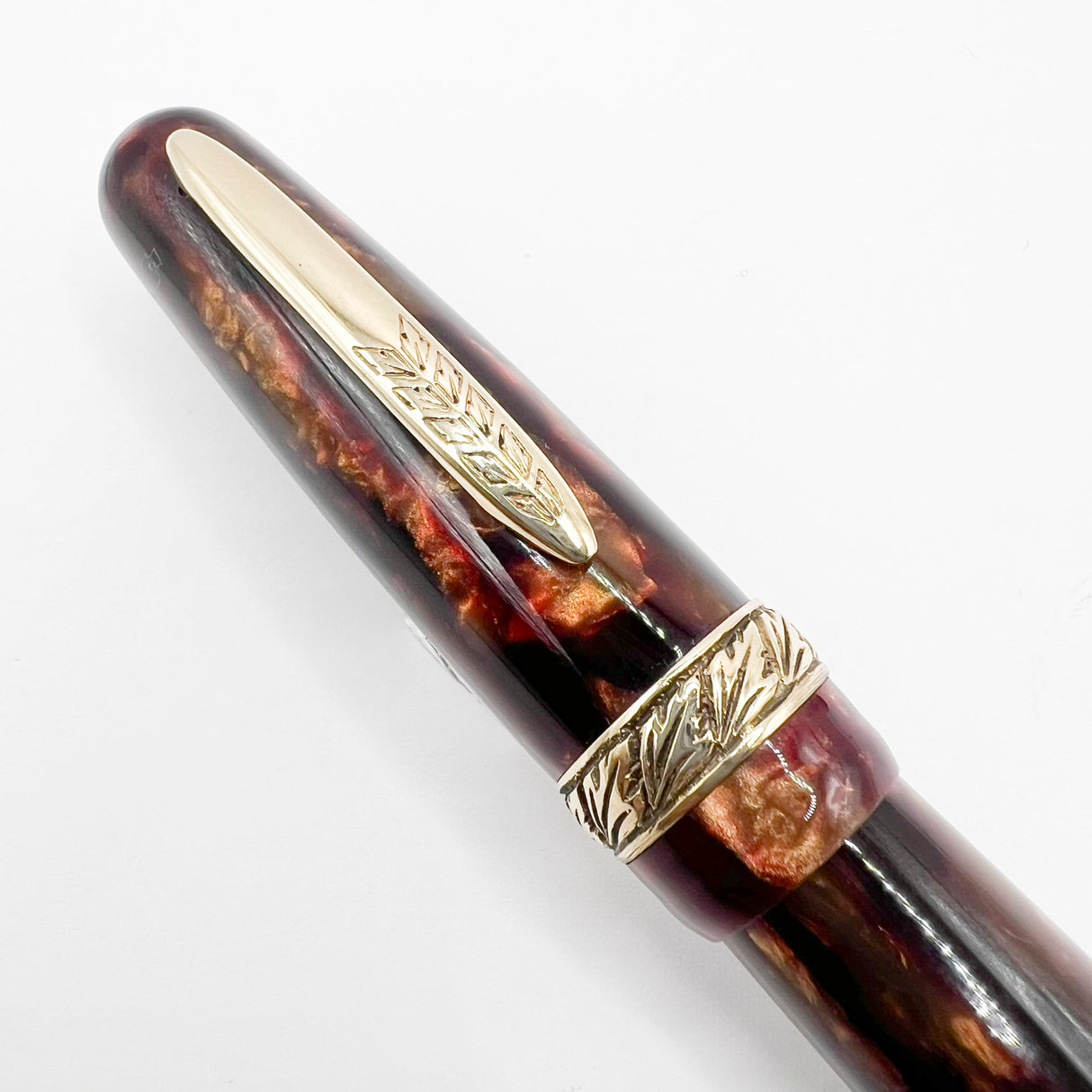 Stipula Early Etruria Variegated Burgundy & Amber Celluloid Fountain Pen- 9kt Gold Cap Band & Trim - Fine 18Kt Gold Nib