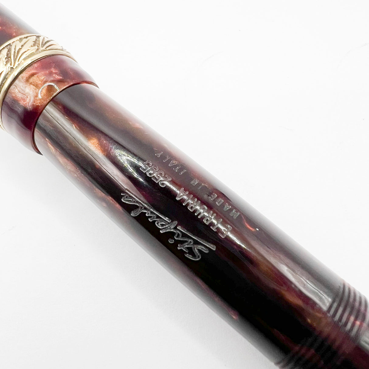 Stipula Early Etruria Variegated Burgundy & Amber Celluloid Fountain Pen- 9kt Gold Cap Band & Trim - Fine 18Kt Gold Nib