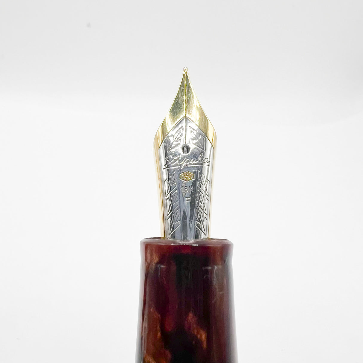 Stipula Early Etruria Variegated Burgundy & Amber Celluloid Fountain Pen- 9kt Gold Cap Band & Trim - Fine 18Kt Gold Nib