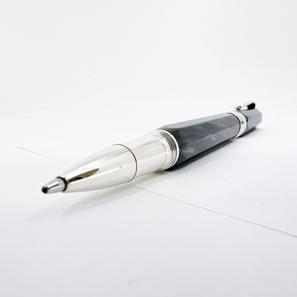 Montegrappa Symphony Lustrous Grigio (Grey) Perla Celluloid Faceted Rollerball - Sterling Silver Trim