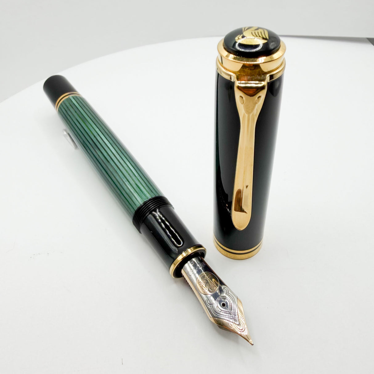 Pelikan Souveran M1000 Black/Green Striped Fountain Pen (Largest) - Fine 18kt Gold Nib