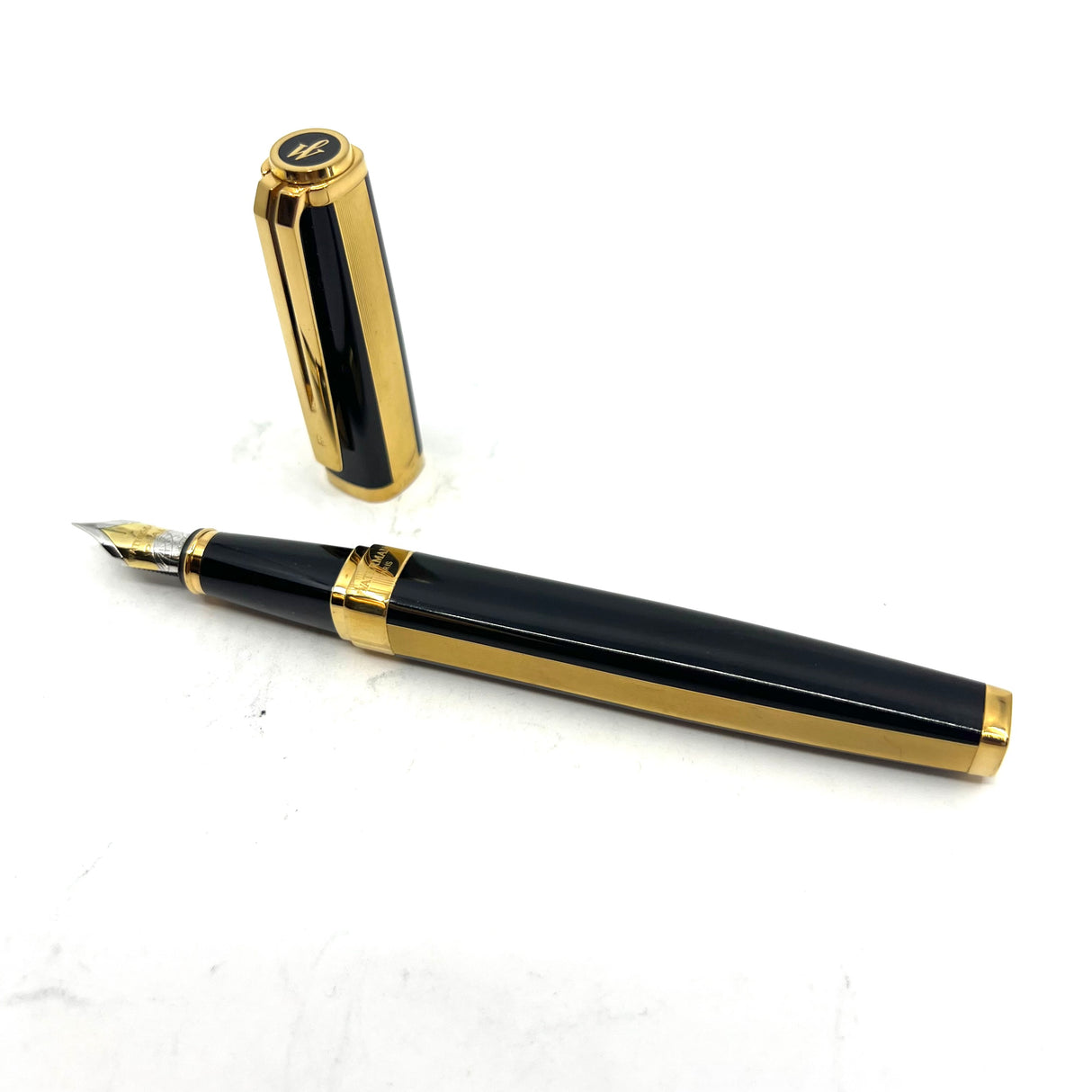 Waterman Oversized Exception Black Fountain Pen - 4-Sided Body with 2 Sides of Gold-Plated Stripes