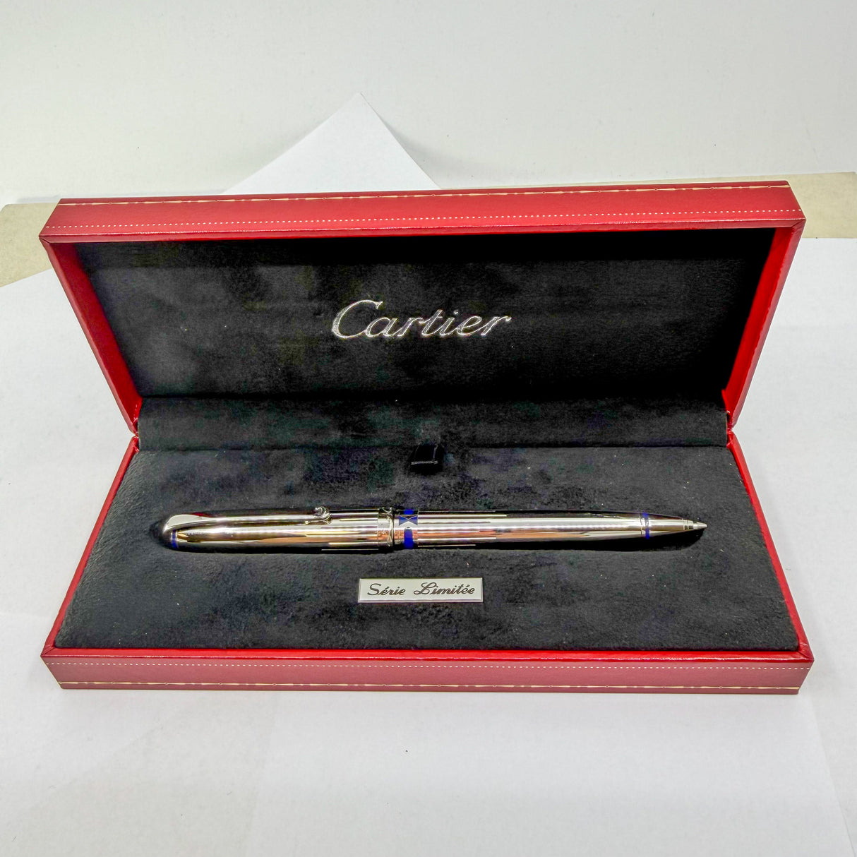Cartier Art Deco Limited Edition Platinum Plated Ballpoint Pen with Blue Lacquer Accents