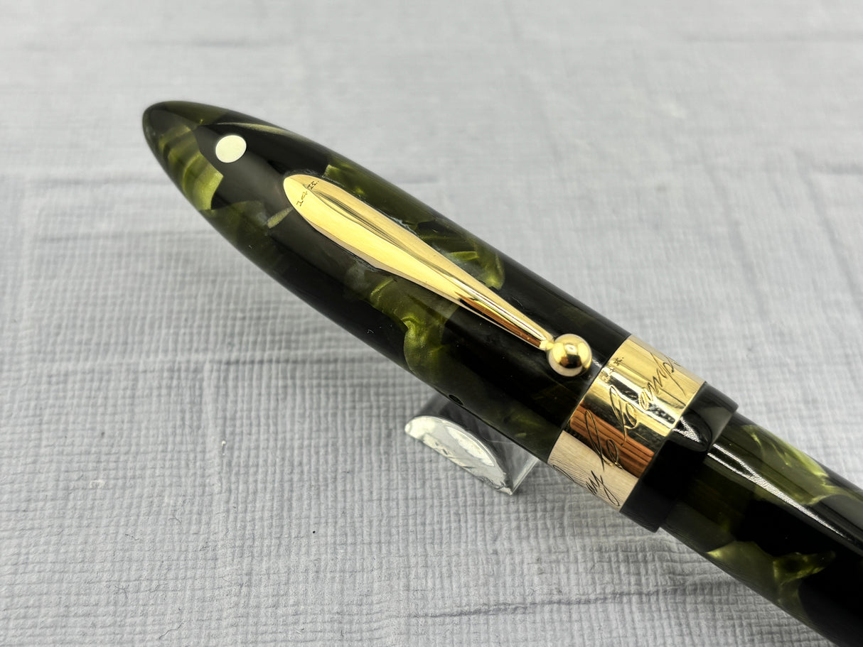 Sheaffer White Dot Balance "Autograph" Green Marble (Marine Green) Fountain Pen - 14kt Gold Clip, Cap Band & Lever