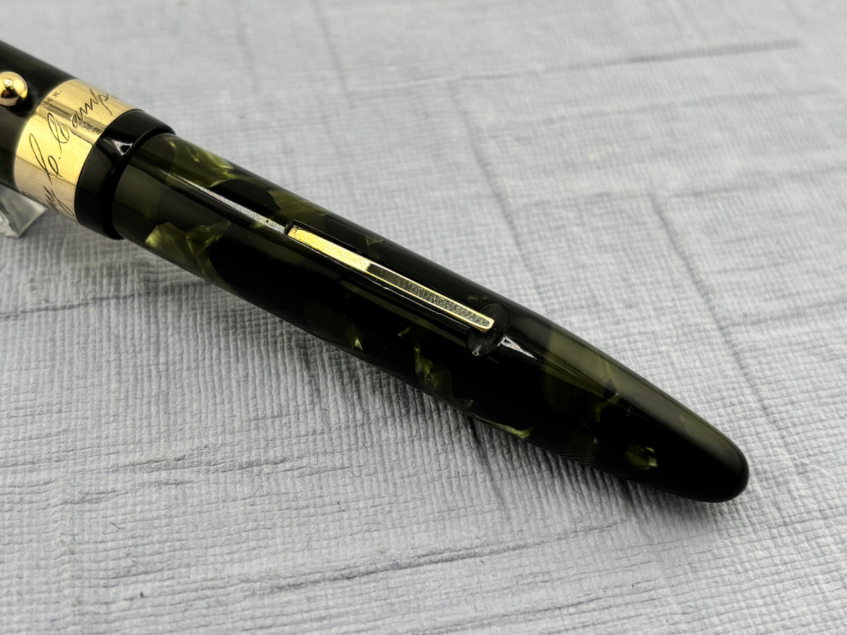 Sheaffer White Dot Balance "Autograph" Green Marble (Marine Green) Fountain Pen - 14kt Gold Clip, Cap Band & Lever