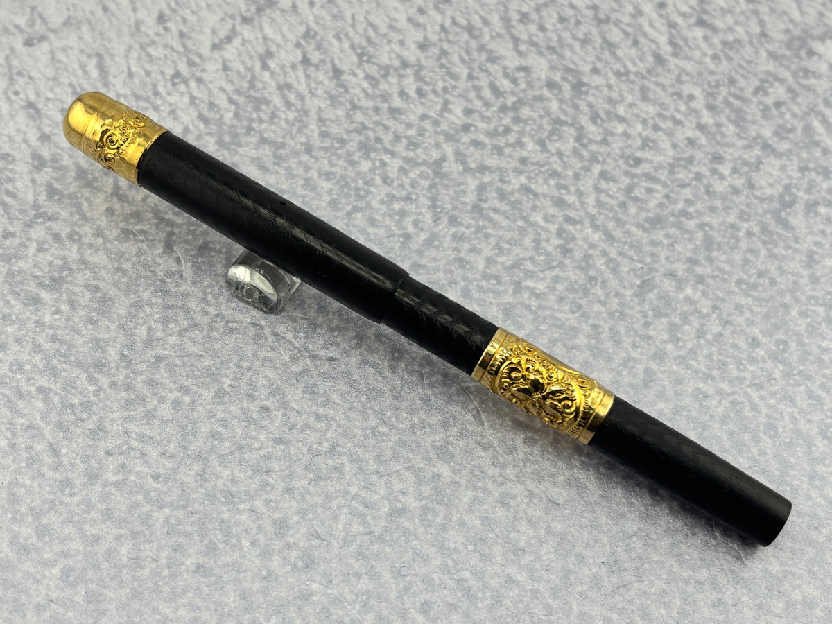 Parker 42 1/2 eyedropper chased with gold filled mountings black hard rubber Early 1900's - Fountain Pen