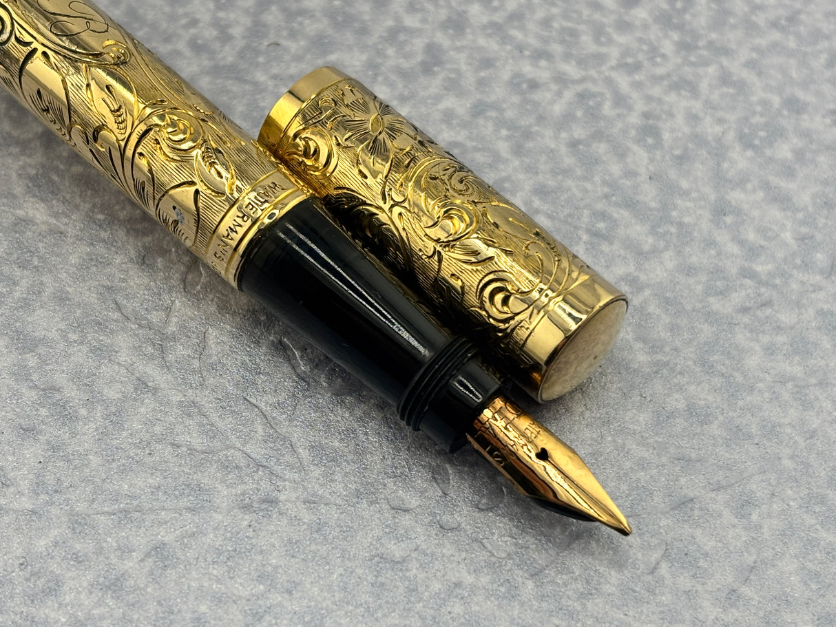 Waterman # 0512 1/2 Safety Fountain Pen Gold filled Floral Pattern - Retractable Nib