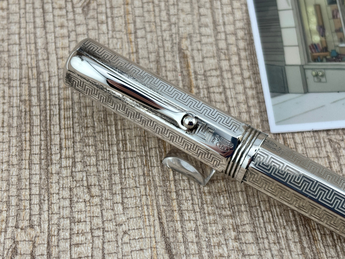 Montegrappa Mid-Size Reminiscence Sterling Silver Greek Key Pattern Faceted Rollerball Pen