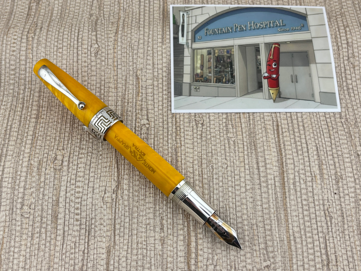 Montegrappa Extra Lustrous Yellow Celluloid Large Gold Nib #8 Fountain Pen - Fine 18kt Gold Nib