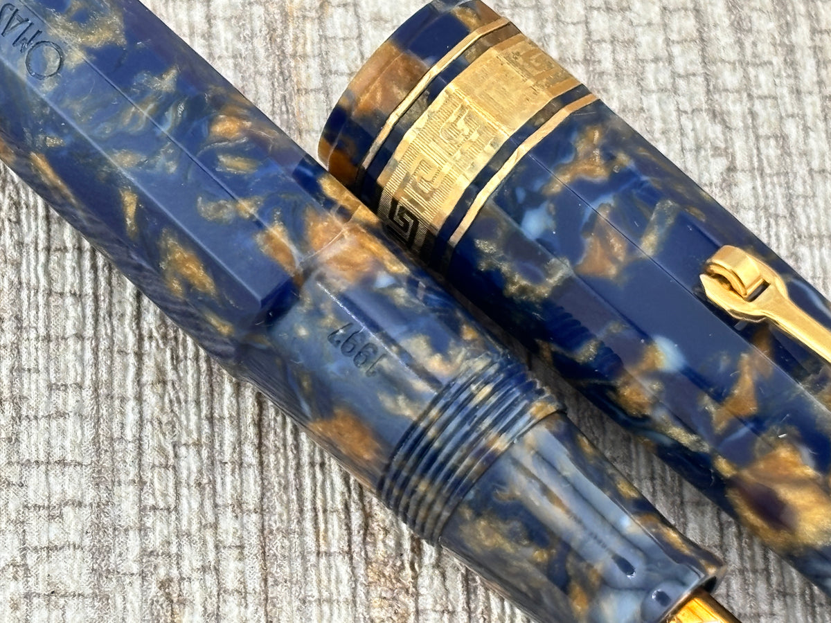 The Original Omas Paragon Celluloid Facetted Blue Saffron (aka Senappe) Mint Fountain Pen (1997) - Medium 18kt Gold Nib