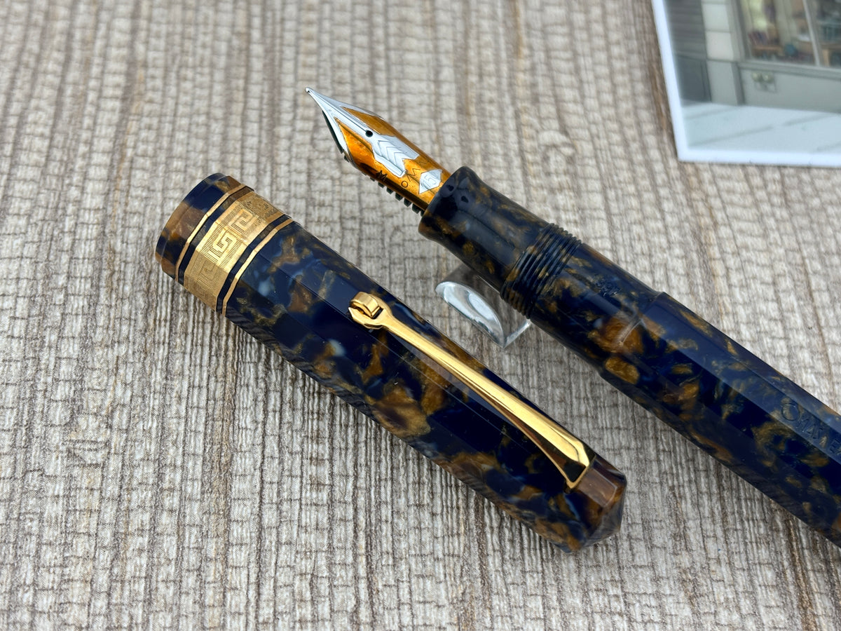 The Original Omas Paragon Celluloid Facetted Blue Saffron (aka Senappe) Mint Fountain Pen (1997) - Medium 18kt Gold Nib