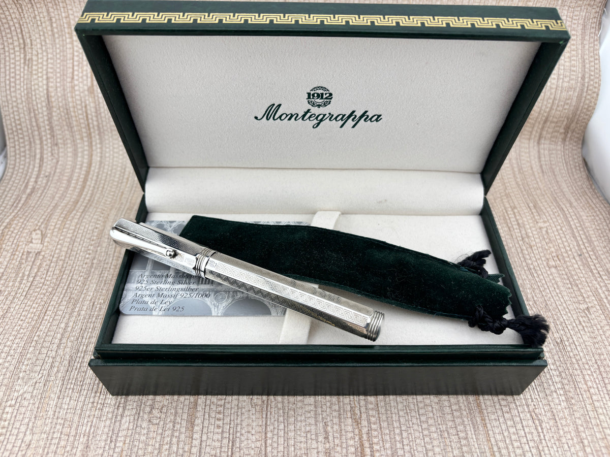 Montegrappa Mid-Size Reminiscence Sterling Silver Greek Key Pattern Faceted Rollerball Pen
