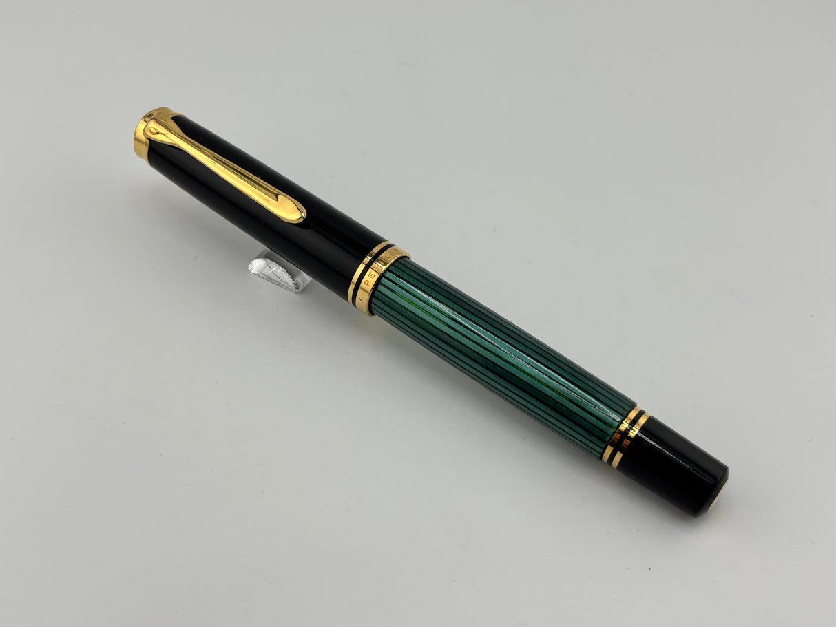Pelikan M800 Souveran Black Cap & Green Striped Barrel Fountain Pen - Medium 18kt Gold Nib