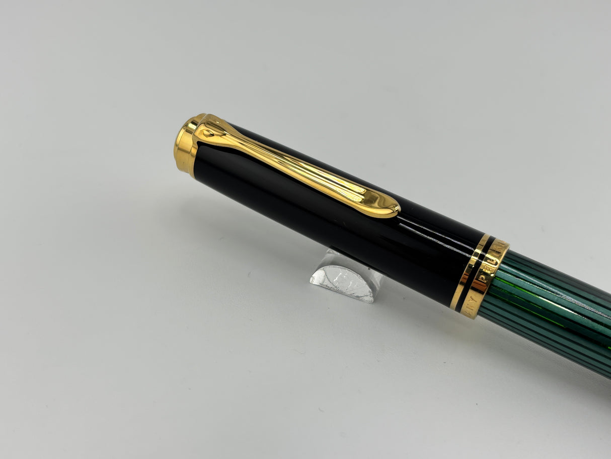 Pelikan M800 Souveran Black Cap & Green Striped Barrel Fountain Pen - Medium 18kt Gold Nib
