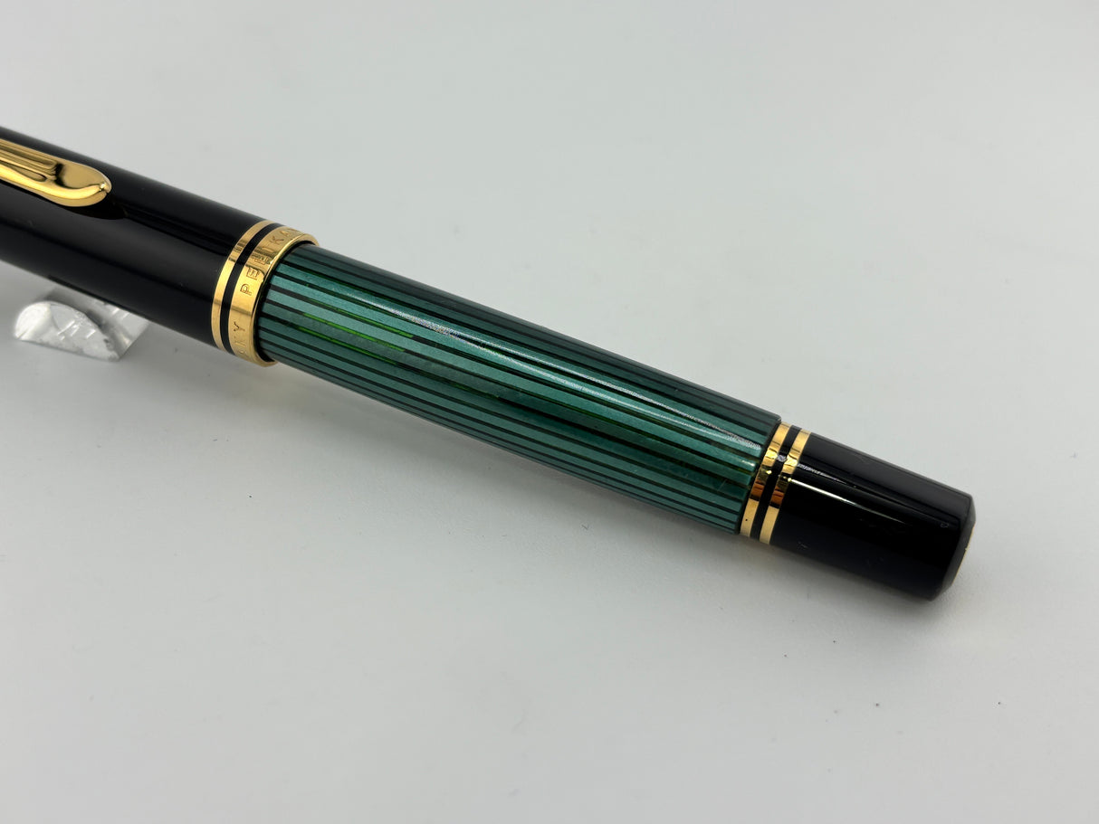 Pelikan M800 Souveran Black Cap & Green Striped Barrel Fountain Pen - Medium 18kt Gold Nib