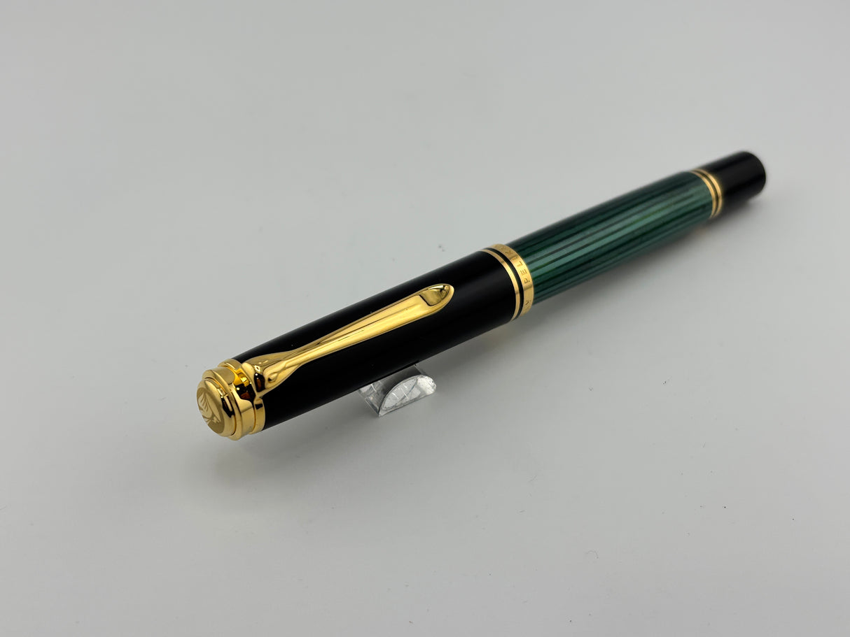 Pelikan M800 Souveran Black Cap & Green Striped Barrel Fountain Pen - Medium 18kt Gold Nib