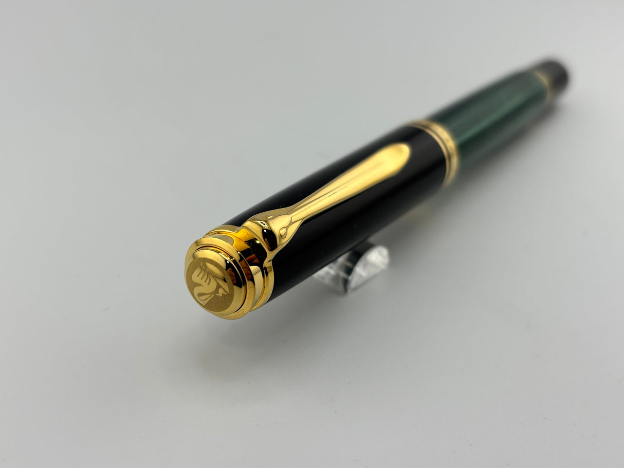 Pelikan M800 Souveran Black Cap & Green Striped Barrel Fountain Pen - Medium 18kt Gold Nib