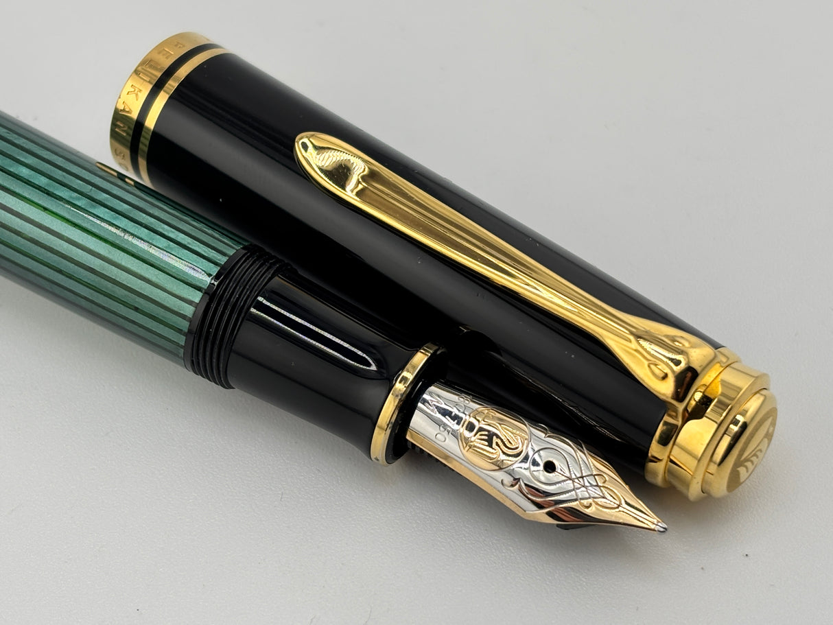 Pelikan M800 Souveran Black Cap & Green Striped Barrel Fountain Pen - Medium 18kt Gold Nib