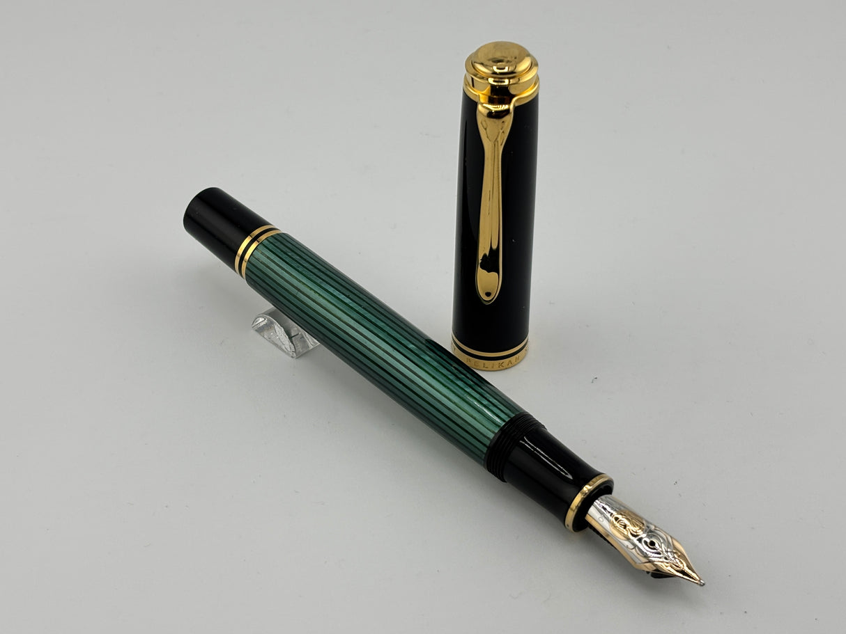 Pelikan M800 Souveran Black Cap & Green Striped Barrel Fountain Pen - Medium 18kt Gold Nib