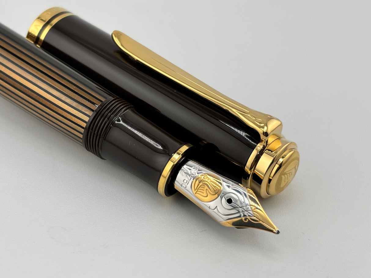 Pelikan M800 Brown Striped Barrel/Solid Brown Cap Fountain Pen - Medium 18kt Gold Nib