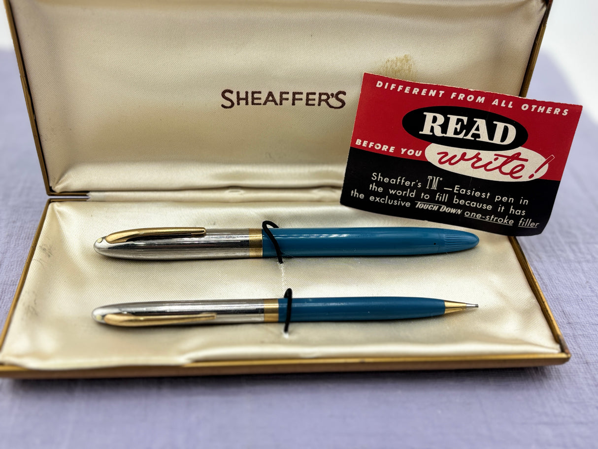 Sheaffer Snorkel set Blue Chrome cap - New old stock and boxed