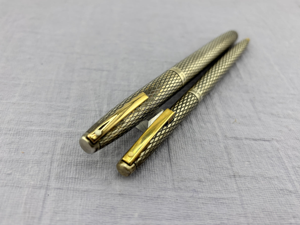 Sheaffer Imperial Set Sterling Silver 925 Crossed lines 14k Gold Nib rare double broad !!