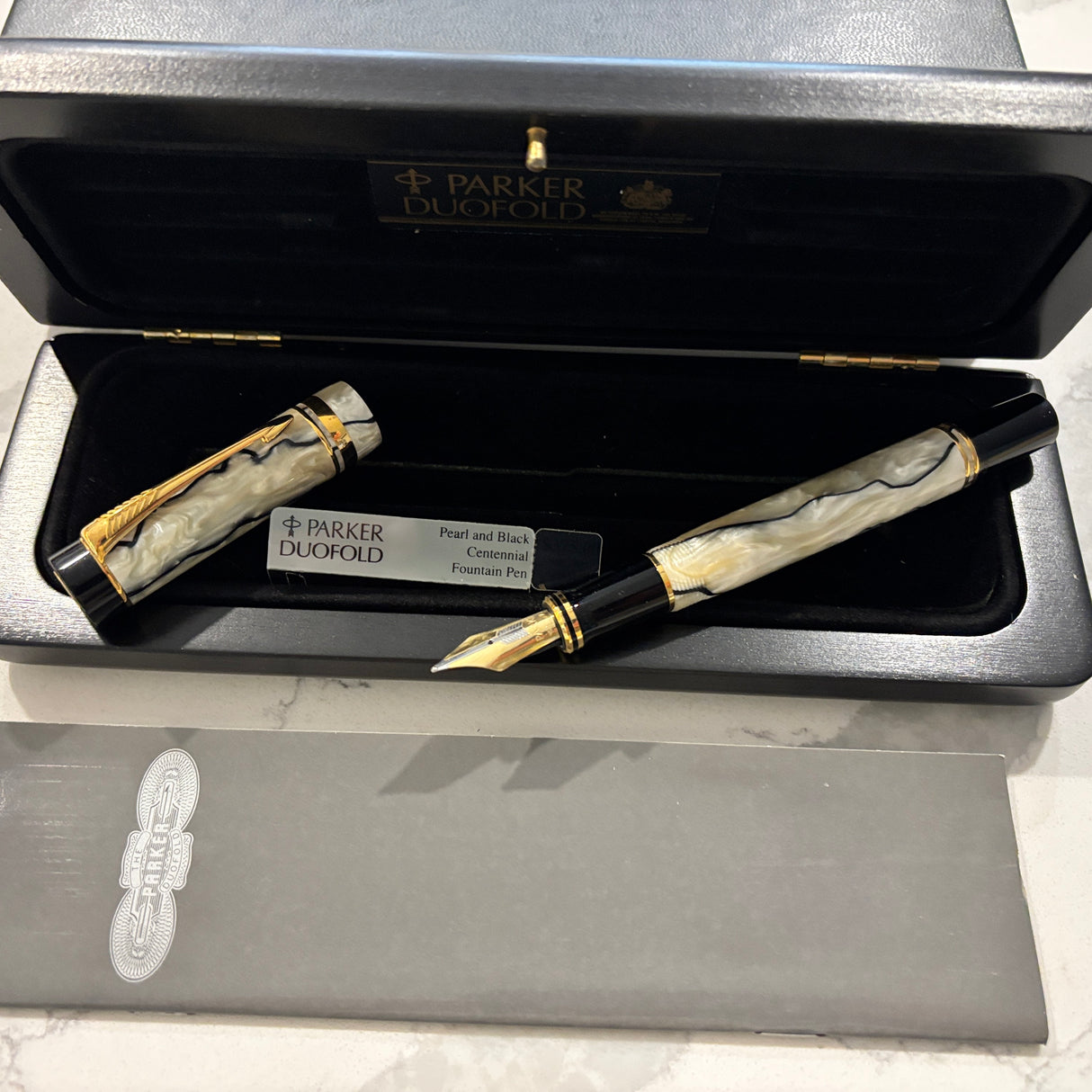 Parker Duofold Centennial Black and Pearl Fountain Pen - Medium 18kt Gold Nib