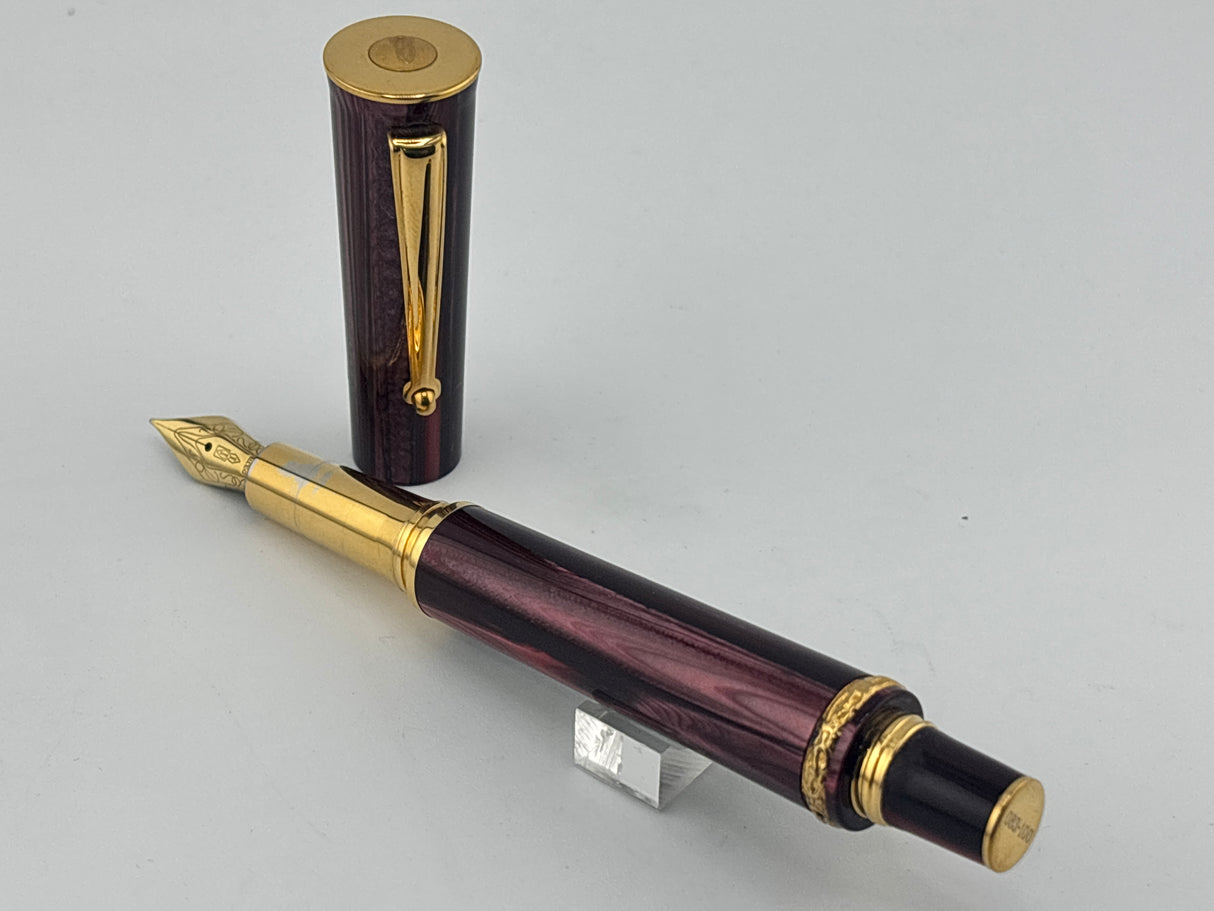 Delta Papillon Variegated Streaked Burgundy Resin Fountain Pen - Fine 18kt Gold Nib