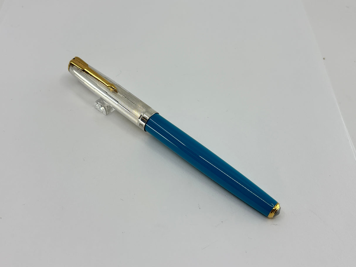 Parker 51 Special Edition Sterling Silver & Vista Blue Fountain Pen - Fine 18kt Gold Nib